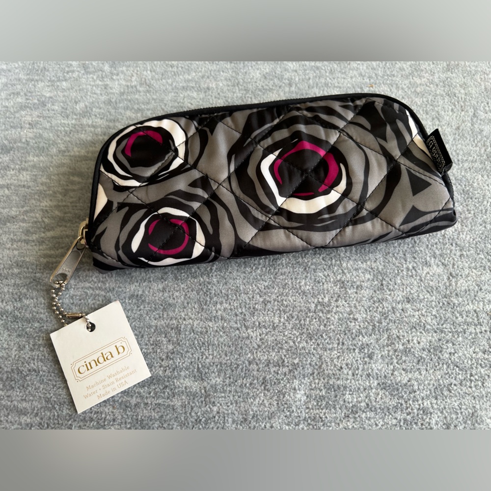 Cinda b Zip Around Wallet Rosalita Black and Pink Abstract‎ Floral Compact New